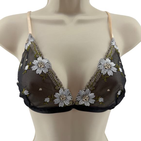 TAMSC  Black Semi Sheer Bralette Embroidered Floral Womens Medium - Picture 1 of 4
